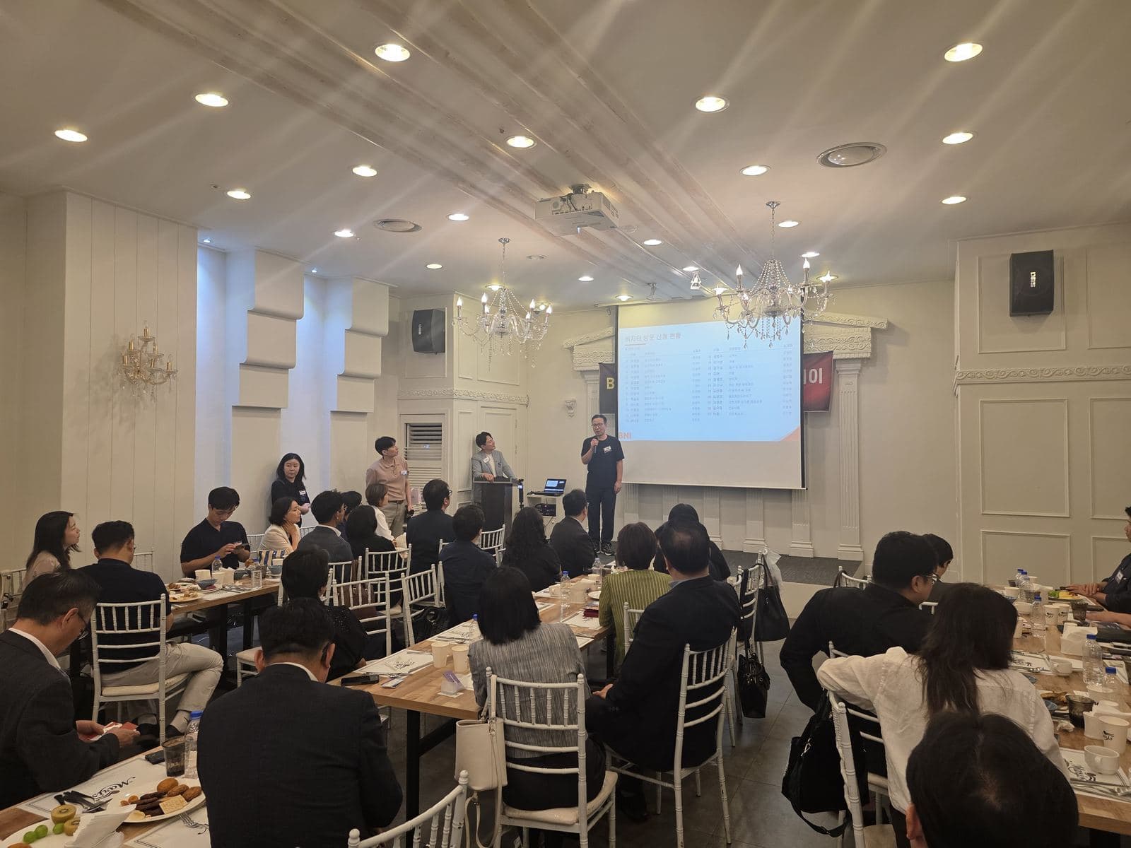 연회장에 라운드 테이블로 배치된 행사 현장